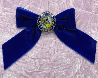 Royal Blue Velvet Hair Bow: Space Cat in Rocket, Kitsch Barrette