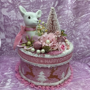 Vintage Christmas pink Deer assemblage decorative box