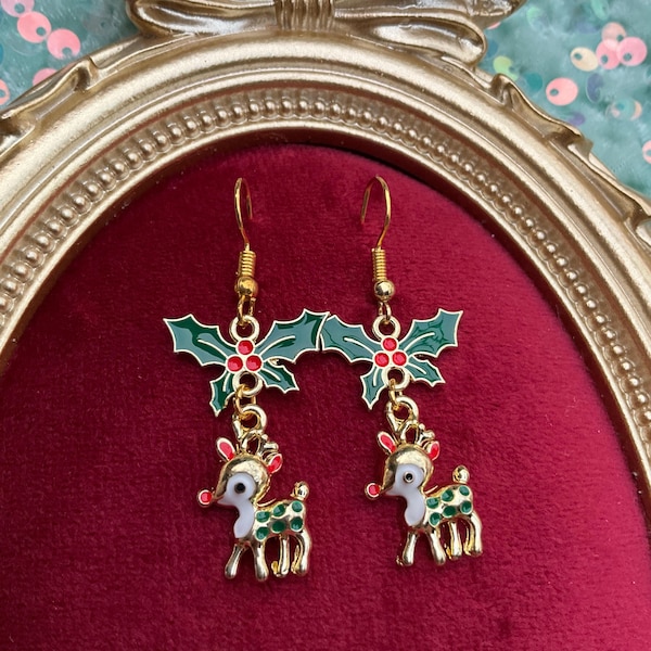 Vintage Style Christmas Reindeer And Holly Earrings, Kitsch