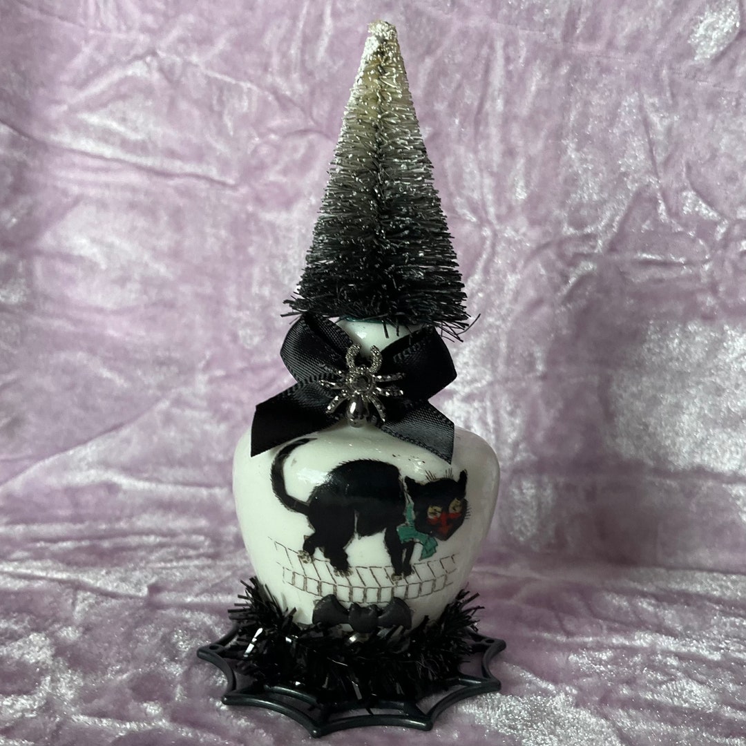 Vintage Black Cat Halloween Bottle Brush Tree, Ceramic Assemblage - Etsy