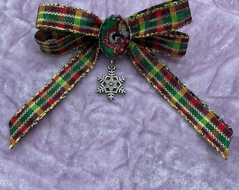 Tartan Hair Clip Bow with Ice Skating Cameo, Kitsch Snowflake Barette