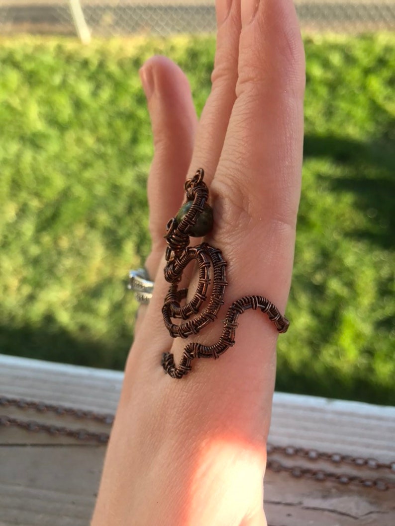 Unakite Snake Wire Wrapped Adjustable Ring