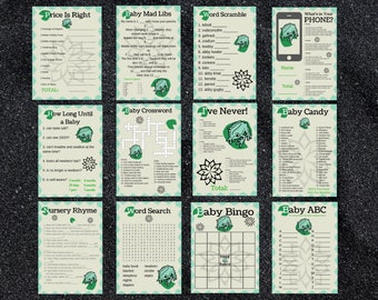 May include: A set of printable baby shower games featuring a green frog theme. The games include "Price is Right", "Baby Mad Libs", "Word Scramble", "What's in Your Phone?", "How Long Until a Baby", "Baby Crossword", "I've Never", "Baby Candy", "Nursery Rhyme", "Word Search", "Baby Bingo", and "Baby ABC".