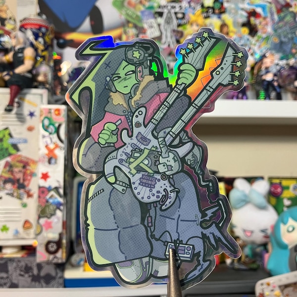 Alien girl, glossy holographic, vinyl sticker.