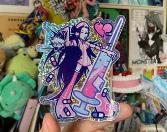 Anime pink nurse, glossy holographic, vinyl sticker.