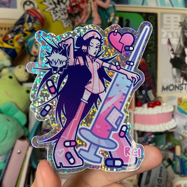 Anime pink nurse, glossy holographic, vinyl sticker.