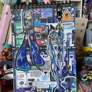 Blue cyber singer, hand decorated A5 sketchbook, + FREE stationary and stickers and keychain ( only one available )