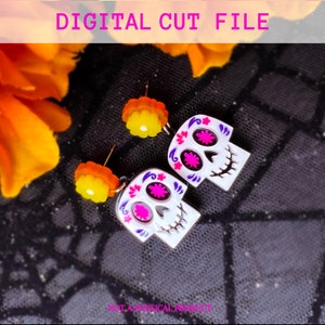 May include: A pair of white sugar skull earrings with pink and purple floral details. The earrings are attached to yellow flower charms.