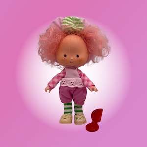 May include: A pink Strawberry Shortcake doll with green and white striped hair and a pink and white gingham dress. The doll is wearing green and white striped socks and white shoes. The doll is holding a red plastic accessory.