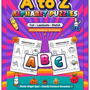 Rompecabezas del alfabeto de la A a la Z, emparejamiento de letras con autocorrección, sonidos iniciales de mayúsculas y minúsculas, centro de alfabetización para preescolar y jardín de infancia (PDF)