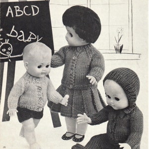 May include: A knitting pattern for dolls clothes, featuring three dolls wearing knitted outfits. The pattern is for a 10, 12, 14 or 16 inch doll and is called "Dolls Clothes" with the number W152. The pattern is for "Lightning", "Speedfleck", "Superior" or "Glendoon" double knitting, "New Era" super crimp bri-nylon double knitting or "New Era" Courtelle double knitting. The pattern costs 6d.