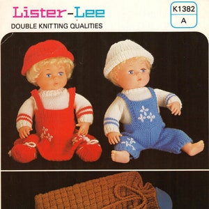 May include: Two knitted dolls wearing red and blue overalls with white hats. A brown knitted hot water bottle with a drawstring closure is in the bottom of the image. The image is from a knitting pattern book titled "Lister-Lee Double Knitting Qualities" with the pattern number K1382 A.