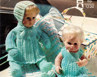May include: Two dolls dressed in light blue knitted outfits, one with a hooded coat and the other in a dress, sitting on a white and blue patterned blanket. The image includes the text "BELLMANSI 4 ply" and "To fit 12 or 16 inch doll".