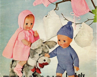 May include: Knitting pattern for a doll's outfit, featuring a pink cardigan, a pink bonnet, a blue sweater and pants, and a white dress. The pattern is for a 18 or 20 inch doll and is made with 4 ply yarn.