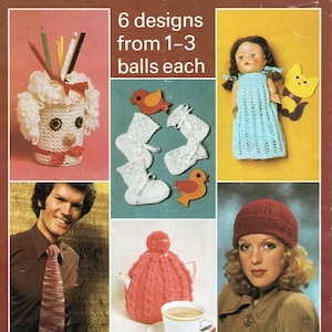 May include: A Patons Odd Ball Book 1202 pattern booklet cover featuring 6 designs from 1-3 balls each. Images include a knitted poodle pencil holder, white baby booties, a doll in a blue dress, a knitted tie, a pink tea cozy, and a red beanie.