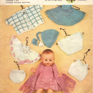 May include: A vintage knitting pattern for a doll's outfit. The pattern includes instructions for a dress, a cardigan, a hat, and a pair of booties. The pattern is for a 13-inch doll. The pattern is called "Lavenda Hand Knit" and is number 681.