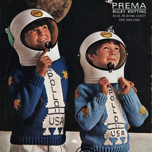 Knitted childrens jumper with Apollo 11 rocket motif - PDF Pattern available for immediate download