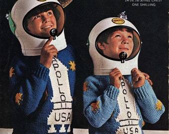 Knitted childrens jumper with Apollo 11 rocket motif - PDF Pattern available for immediate download