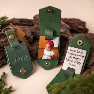 Personalised leather photo keyring with Initials Gift for new dad, Father&#39;s Day keepsake, Personalized photo keyring
