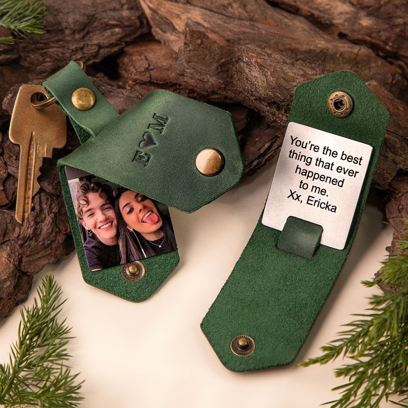 Green leather photo keychain with engraved text metal tag, keychain personalized with embossed couple initials