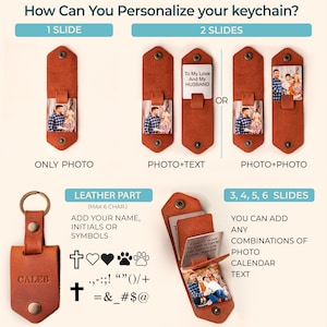 May include: Personalized leather keychain options. The image shows a brown leather keychain with customization options. Options include adding photos, text, and symbols. The keychain can have 1, 2, 3, 4, 5, or 6 slides. The text on the keychain says "CALEB".