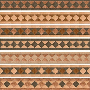 以下が含まれることがあります： 茶色、ベージュ、薄いベージュの6列の繰り返し幾何学模様。模様は正方形とひし形で構成されています。