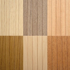 Może przedstawiać: Sześć różnych próbek drewna, każda z innym wzorem usłojenia i kolorem. Próbki są ułożone w siatkę.