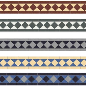 May include: Five different tile border designs featuring a diamond pattern. The borders are in various colours, including red, cream, grey, black, and blue.