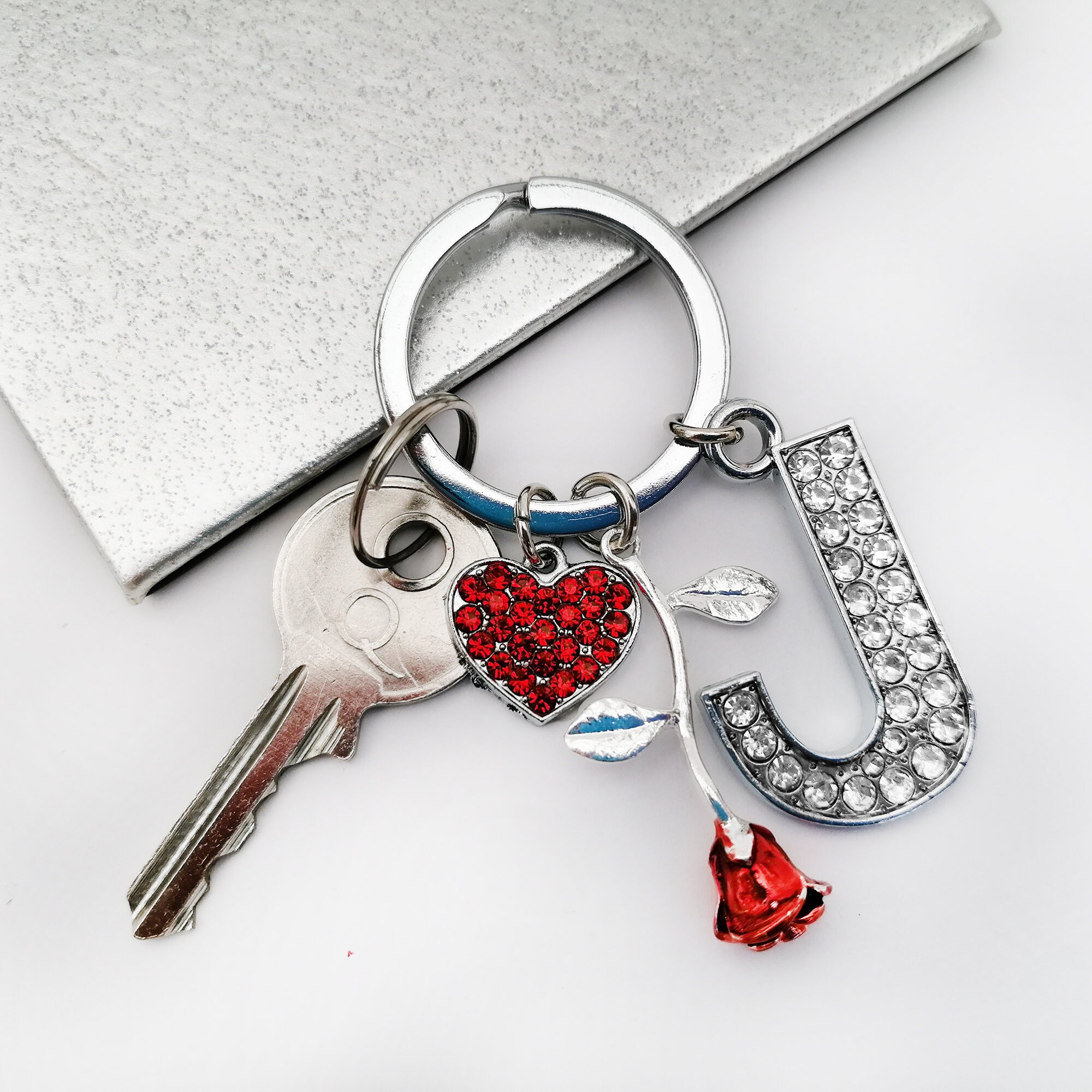 Red Rose & Crystal Heart Personalised Key Ring | Etsy