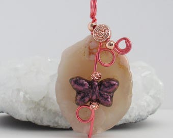 Cherry Blossom Gemstone with Pink Copper Wire Wrapped Pendant Charm 54 mm Necklace
