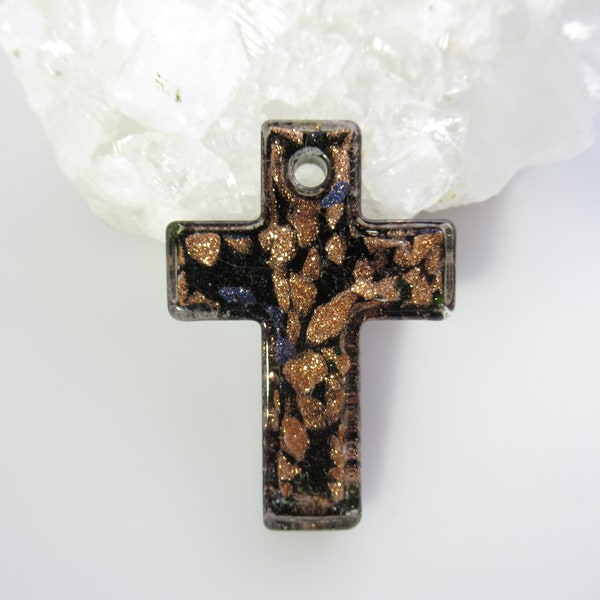 1 Handmade Black with Gold Flakes Lampwork Cross Focal Piece Pendant 48 mm - Supply