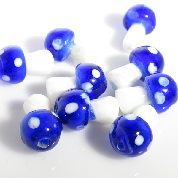 24 Mushroom Beads Blue with White Dots Handmade Glass Lampwork Beads 16mm x 10mm Charms Supply DIY - Spacers Anklet Yoga Bohemian