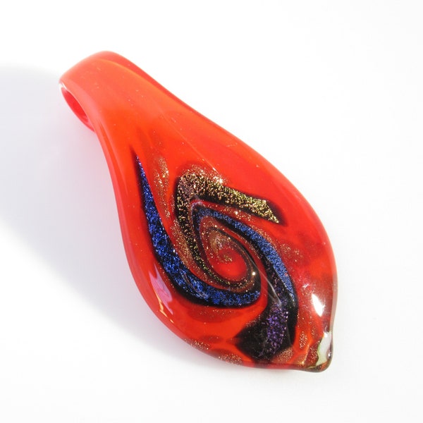 1 Large Lampwork Teardrop: Red Pendant & Dichroic Swirls with Gold Flakes Focal Piece Drop Pendant 60 - 62 mm Style A - Supply