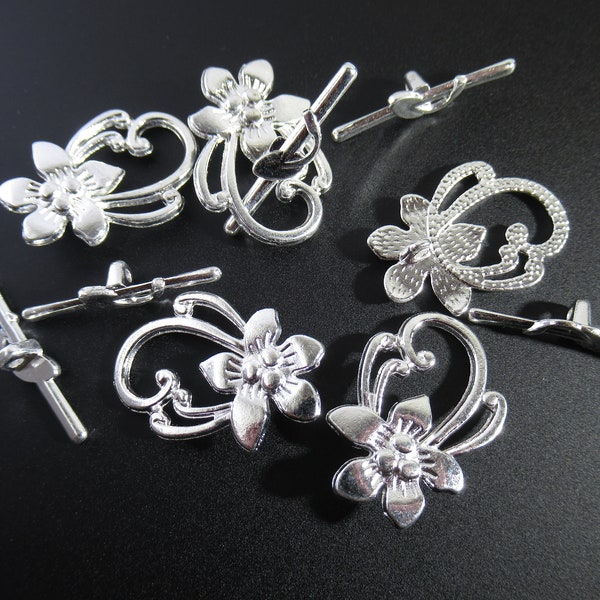 12 Sets Flower Toggles, Bright Silver Flower: 28mm long Craft DIY Jewelry Supply