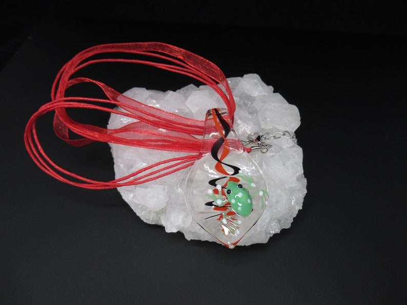 Green Frog on Clear Teardrop Handmade Lampwork Glass Focal Piece Necklace