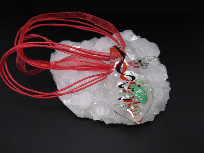 Green Frog on Clear Teardrop Handmade Lampwork Glass Focal Piece Necklace