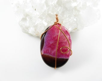 Pink Crystal and Black Agate Stone Copper Wire Wrapped Pendant Necklace