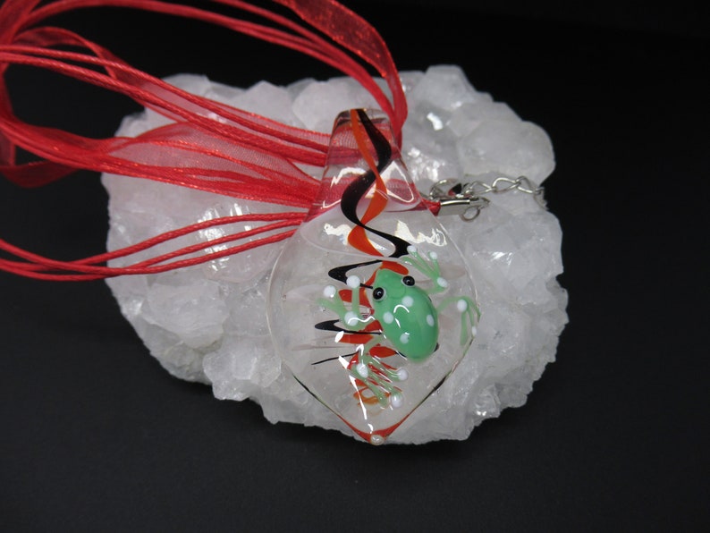 Green Frog on Clear Teardrop Handmade Lampwork Glass Focal Piece Necklace