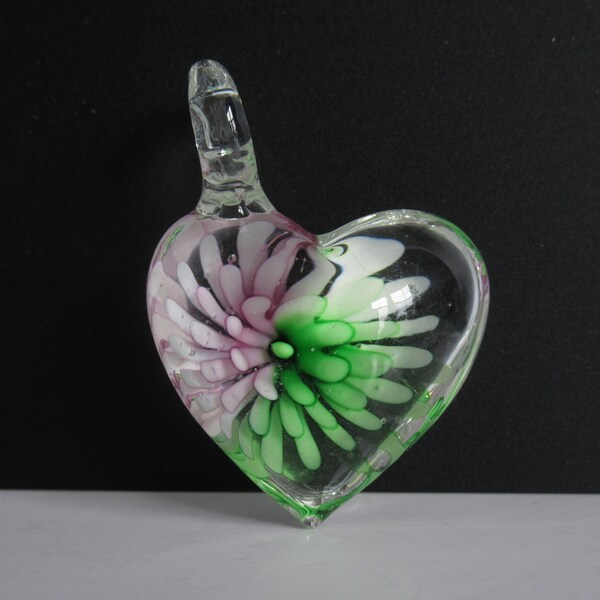 1 Puffed Heart with Two Tone Pink and Green Inner Flower Lampwork Focal Piece Pendant 32 - 40 mm