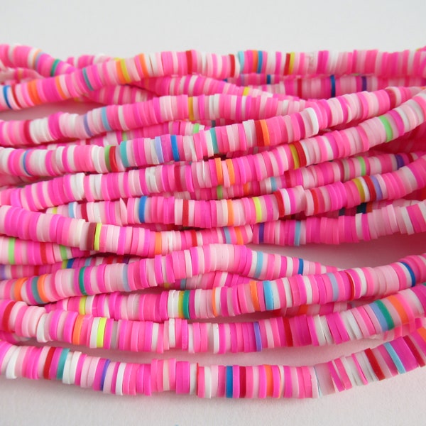 15" Strand MIXED BRIGHT PINK and Multi Colored 6 mm Handmade Polymer Clay Heishi Beads, Disc/Flat Round