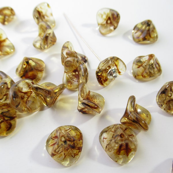 Czech Pressed Glass Crystal Transparent with Picasso Large 3 Petal Bellflower Beads, 12 mm x 9 mm, 1 Strand, 25 Beads
