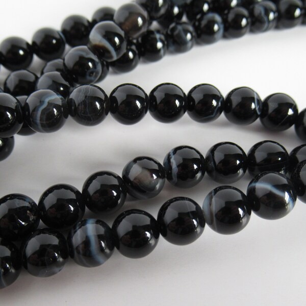 1 Full 15" Strand Natural Black Striped Agate/Banded Agate Round Beads, 7 - 8 mm Craft DIY Jewelry