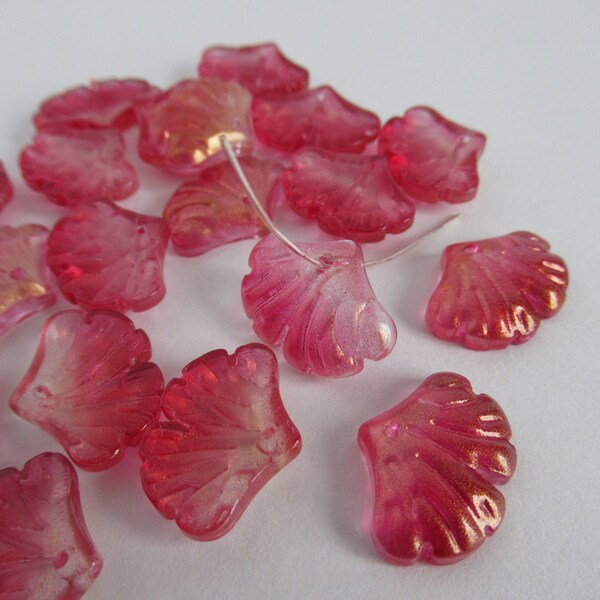 20 Transparent Two Tone Crimson Pink with Gold Powder Gingko Leaf Glass Charms/Pendants 15 mm x 20 mm x 4.5 mm Glazed, shiny, bright, Supply