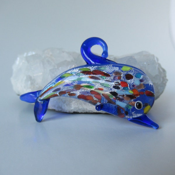 1 Cobalt Blue Dolphin Fish with Multi Color Dots and Silver Foil Handmade Glass Lampwork Focal Piece Pendant 66 mm - Supply Craft DIY