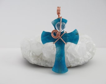 Colgante de ágata azul turquesa envuelto en alambre de cobre, 59 mm