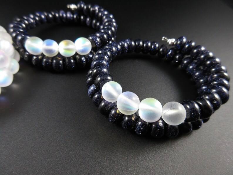 Friendship Love Distance Blue Goldstone and Clear MermaidMoonstone Beads Memory Wire Bracelet Trio