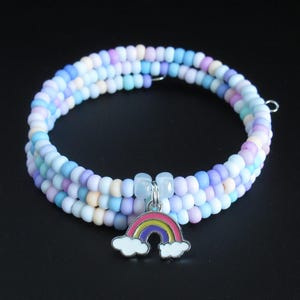 Handmade Rainbow Seed Beads Memory Wire Wrap Bracelet: Pastel