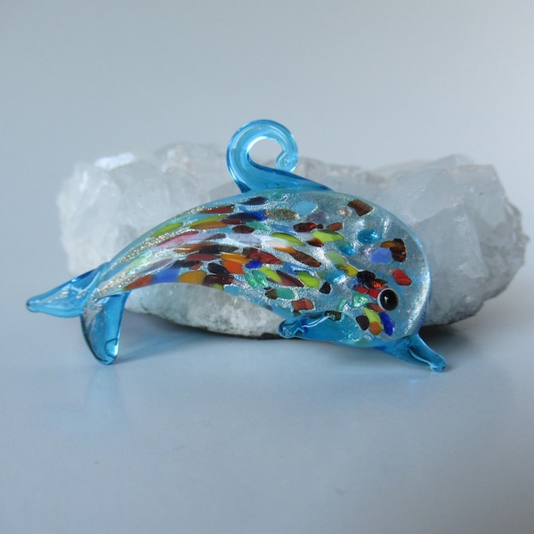 1 Turquoise Blue Dolphin Fish with Multi Color Dots and Silver Foil Handmade Glass Lampwork Focal Piece Pendant 66 mm - Supply Craft DIY