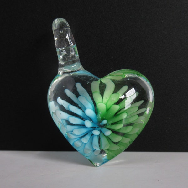 1 Puffed Heart with Two Tone Turquoise & Green Inner Flower Lampwork Focal Piece Pendant 32 - 40 mm