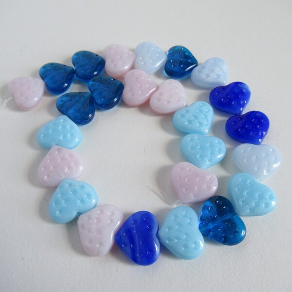 25 Czech Opaque Mixed Color Hearts with Indented Stars Pressed Glass Beads, 14 mm x 12 mm